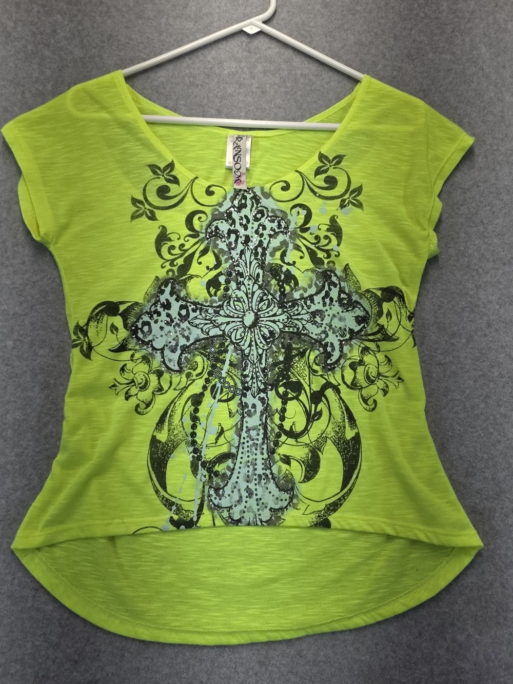 Ransom Women’s M Neon Green Rhinestone Cross Graphic Y2K Cutout Top